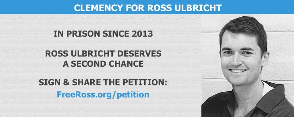 Petición de clemencia para Ross Ulbricht, fundador de Silk Road, mostrando su rostro y el texto 'Bring Ross Home'.