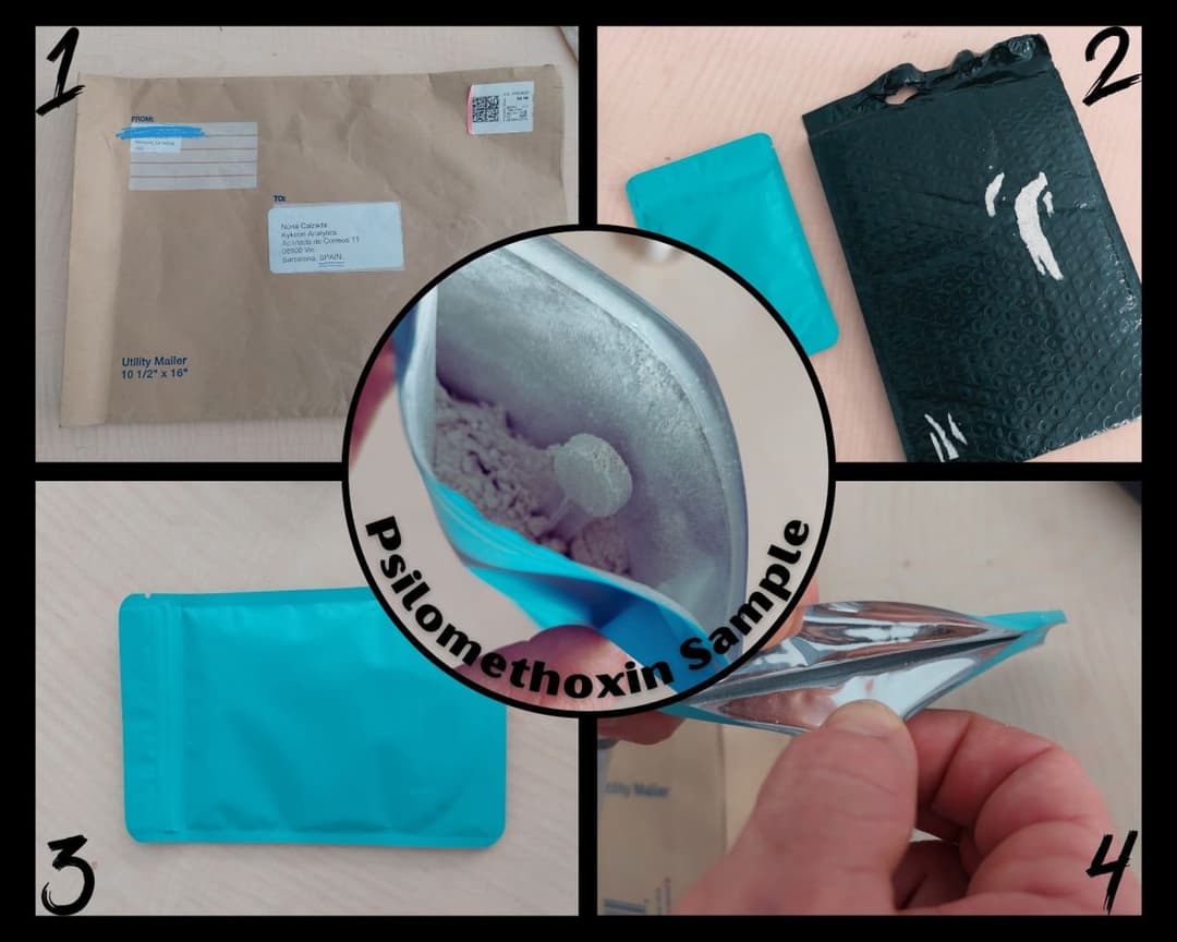 Una muestra sin caja del sacramento de la Iglesia de la Psilometoxina, mostrando la sustancia en polvo.