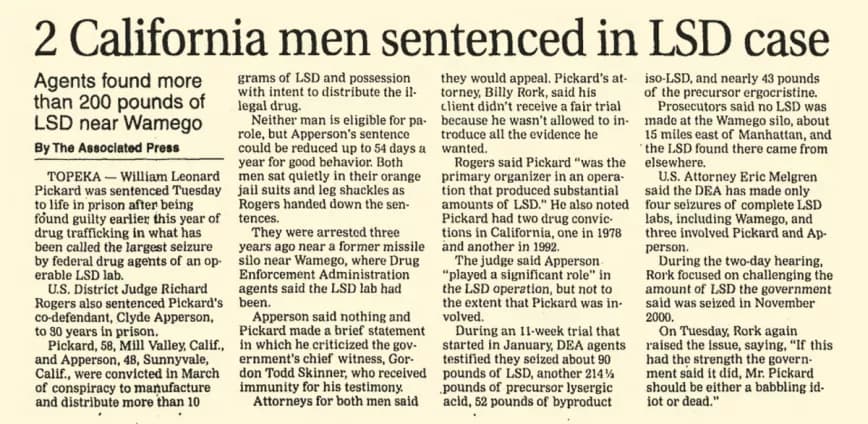 News story about the sentencing of Pickard and Clyde Apperson in The Salina Journal, a Kansas newspaper, in November 2003.